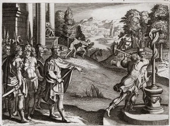 Bíblia de Royaumont, Velho Testamento: Rei Ezechias. Ezequias, rei de Judá, aplica-se à adoração de Deus e faz com que os ídolos que seu povo adorava antes de se tornar rei. Ilustração de 1811.