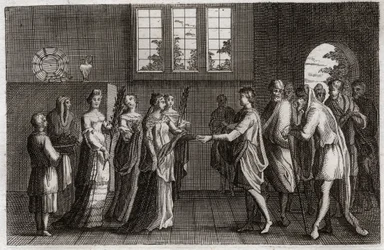 Bíblia de Royaumont, Velho Testamento: Casamento de Isaac. Isaac, filho de Abraão, casa-se com Rebecca. Ilustração de 1811.