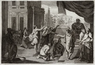 Bíblia de Royaumont, Velho Testamento: Moisés perante o Faraó. Moisés pede ao Faraó que deixe os hebreus irem para o deserto para sacrificar ao Senhor. Ilustração de 1811.