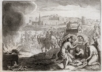 Bíblia de Royaumont, Velho Testamento: Oza ataca com Deus. David quer trazer a Arca da Aliança de volta para casa. Oza morreu, que colocou sua mão lá para impedi-lo de cair. Ilustração de 1811.