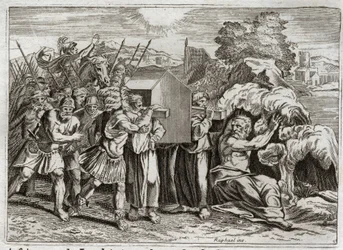 Bíblia de Royaumont, Velho Testamento: Passagem do Jordão. Josué leva o Jordão a todo o povo. Este rio seca, e os sacerdotes que levavam a arca da aliança entraram nele; e as águas subiram acima e permaneceram suspensas como uma montanha. I