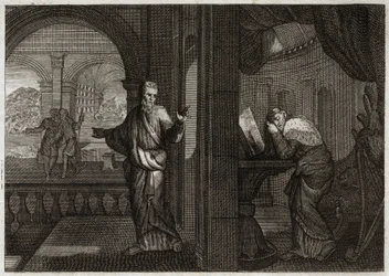 Bíblia de Royaumont, Velho Testamento: Penitência de David. Deus envia o seu profeta Natan a David para representar a sua culpa. O pesar de que este santo rei se tenha concodido dele faz com que ele aceite todos os males que o Profeta o predisse. Ilustraçã