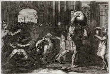 Bíblia de Royaumont, Velho Testamento: Predição de Eliseu. Um Senhor de Samaria, tendo enganado as palavras de Eliseu, está lotado a seus pés. Ilustração de 1811.