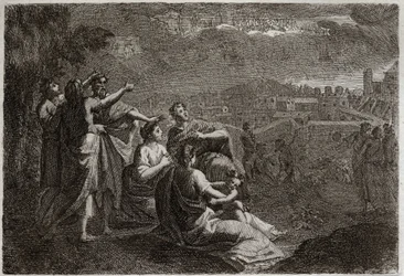 Bíblia de Royaumont, Velho Testamento: Predições sobre Jerusalém. Deus desistiu de armas no ar sobre Jerusalém, para lhe atormentar os males que iriam derreter sobre ela. Ilustração de 1811.