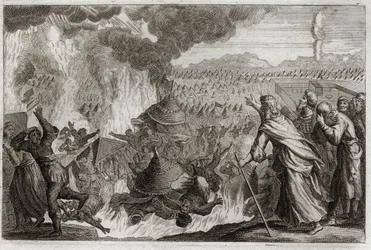 Bíblia de Royaumont, Velho Testamento: Punição do Fogo Celestial. Core (Kore), Datã (Datan, Nathan) e Abriron (Abiram) murmuram contra Moisés, e afetam o governante Pretrise, todos são destruídos vivos, e a terra se abre para devorá-los. Episódio do