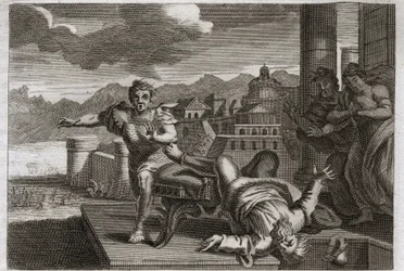 Bíblia de Royaumont, Velho Testamento: Punição de Heli. Deus, para punir o grande sacerdote Heli (Eli) por sua negligência em assumir as ordens de seus filhos, permite que ele caia de seu assento e quebre sua cabeça ao ouvir a notícia de sua morte.