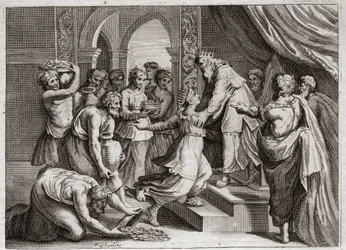 Bíblia de Royaumont, Velho Testamento: Rainha de Sabá. A Rainha de Sabá vem a Salomão para ouvir a sua sabedoria e para lhe oferecer presentes. Ilustração de 1811.