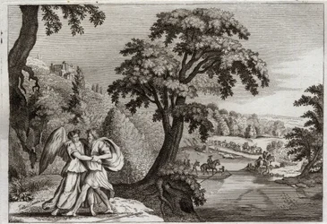 Bíblia de Royaumont, Velho Testamento: Reconciliação de Esaú com Jacó. A sabedoria de Jacó para suavizar Esaú. A sua luta com o Anjo. Ilustração de 1811.