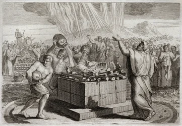 Bíblia de Royaumont, Velho Testamento: Sacrifício de Elias. E tendo tornado o verdadeiro Deus conhecido pelo milagre do fogo que desceu do céu sobre o seu sacrifício, ordenou ao povo que matasse os quatrocentos e cinquenta sacerdotes do ídolo de Baal. Illu