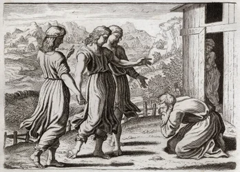 Bíblia de Royaumont, Velho Testamento: Sara concots Isaac. Abraão recebe três anjos que prometem a Sara (Sara) que ela terá um filho dentro de um ano. Ilustração de 1811.