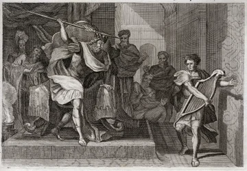 Bíblia de Royaumont, Velho Testamento: Saul quer matar David. Saul cheio de raiva e inveja contra Davi, quer furar a sua lança quando toca a harpa à sua frente. Ilustração de 1811.