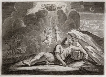 Bíblia de Royaumont, Velho Testamento: Escala de Jacob. Jacó fugindo da raiva de Esaú, vive dormindo uma misteriosa escada. Ilustração de 1811.