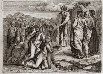 Bíblia de Royaumont, Velho Testamento: Segundas Távolas da Lei. Deus dá a Moisés outras mesas (Dez Mandamentos), que o povo recebe com respeito. Ilustração de 1811.