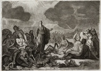 Bíblia de Royaumont, Velho Testamento: A segunda visão de Ezequiel. A visão que o profeta Ezequiel teve de vários ossos, todos eles sobremesas que assumiram uma forma humana. Ilustração de 1811.