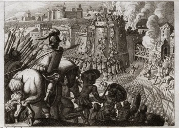 Bíblia de Royaumont, Velho Testamento: Sítio de Jerusalém. Nabucodonosor II sitiou Jerusalém, e a tomou, e trouxe todas as riquezas e todos os habitantes daquela cidade para Babilônia. Ilustração de 1811.