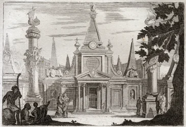 Bíblia de Royaumont, Antigo Testamento: Simão, sumo sacerdote. Simão Macabeu (Maccabee, Macabee) sucede ao seu irmão Jónatas (Jonathan), ergue um magnífico túmulo para o pai e os irmãos, e é morto por traição. Ilustração de 1811.