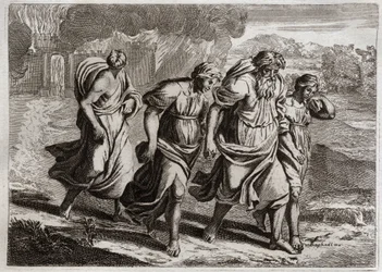 Bíblia de Royaumont, Velho Testamento: Sodoma Brulee. Deus irrita os crimes abomináveis de Sodoma, queima-o com as outras cidades vizinhas, com uma chuva de fogo e enxofre que ele queima do céu (Loth, suas filhas e sua esposa fugindo da cidade). Ilustrar
