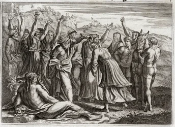 Bíblia de Royaumont, Velho Testamento: Rei Salomão. David estabeleceu Salomão King nas orações de Beetsabee e do Proféta Natan. Ilustração de 1811.