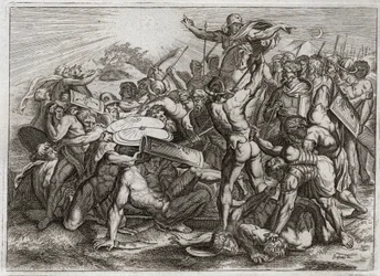 Bíblia de Royaumont, Velho Testamento: Sun Stop. Josué perseguindo seus inimigos amorosos (amorrites) faz o Sol parar, para que ele possa ter mais tempo para desfazê-los. Ilustração de 1811.