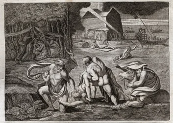 Bíblia de Royaumont, Velho Testamento: O Dilúvio. O Dilúvio está inundando a terra inteira. A única Arca salva aqueles que estavam fechados nela deste afundamento. Ilustração de 1811.