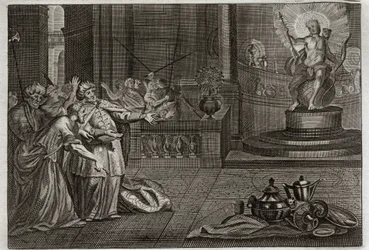 Bíblia de Royaumont, Velho Testamento: O Ídolo de Bel. Daniel destruiu o Ídolo de Bel, e matou um dragão que os babilônios adoravam. Ilustração de 1811.