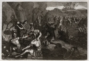 Bíblia de Royaumont, Velho Testamento: "Ladrões de Perna de Royaumont". Alguns amalequitas vêm para saquear o Siceleg na ausência de David. Ele corre furioso e os perde. Ilustração de 1811.