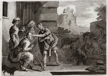Bíblia de Royaumont, Velho Testamento: Tobia recupera a visão. O jovem Tobie dá a visão ao seu pai, passando por cima dos seus olhos o campo do peixe que ele pescou, a conselho do Arcanjo Rafael. O Anjo se dá a conhecer a eles e depois desaparece. Illustra