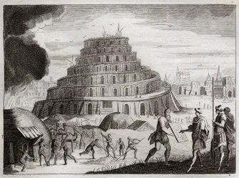 Bíblia de Royaumont, Velho Testamento: Torre de Babel. Os homens querem por vaidade erguer uma Torre para o céu. Deus impede este trabalho confundindo as suas línguas para que não possam mais ouvir uns aos outros falar. Ilustração de 1811.