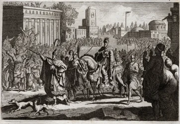 Bíblia de Royaumont, Velho Testamento: O Triunfo de Mardochee. Aman (Haman) é obrigado pelo Rei a publicar o triunfo de Mardochee (ou Mordekhai ou Mordecai) seu inimigo em toda a cidade de Susan (mais conhecida como Susa). Ilustração de 1811.