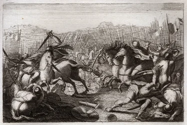 Bíblia de Royaumont, Velho Testamento: Vitória de Judas. Judas Machabee (Maccabee, Macabee) derrotou Apollonius, Seron, Ptolemee Macron, Gorgias, Nicanor e Lysias em várias batalhas. Ilustração de 1811.