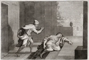 Bíblia de Royaumont, Velho Testamento: Mulher do Levita Ultragee. A mulher do Levita foi encontrada morta à porta depois de ter sido abusada por bandidos. Ilustração de 1811.