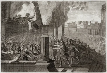 Bíblia de Royaumont, Velho Testamento: Queimaduras de Zambri. Zambri, tendo-se revoltado contra Ela, o quarto rei de Israel, está sitiado em Thersa, onde se queima, com toda a sua família, no seu palácio. Ilustração de 1811.
