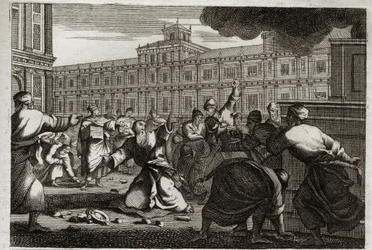 Bíblia de Royaumont, Velho Testamento:, Zacarias apedrejado. Zacarias, o Sumo Sacerdote, é apedrejado por ordem de Joás (Jeoás), rei de Judá, porque ele o tirou de suas ordens. Ilustração de 1811.