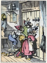 Os biquetes ouvem quem bate à porta. Ilustração do conto "Compere le Loup, Maitre Renard, Comere la Chevre et ses petits biquets" depois de uma fábula de Jean de la Fontaine. Em "Contos da casa para os pequenos". Gravura anónima do 1