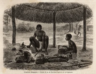 Ferreiro manganjas (grupo étnico da região do Zambeze). Gravura para ilustrar as primeiras viagens do Dr. Livingstone à África Austral de 1840 a 1856, no "Le tour du monde, nouveau journal des voyages" publicado sob a direcção de Edouard Charton