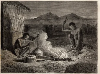 Ferreiros em Simiango, nas margens do rio Zambeze. Gravura para ilustrar as primeiras viagens do Dr. Livingstone à África Austral entre 1840 e 1856, no "Le tour du monde, nouveau journal des voyages" publicado sob a direcção de Edouard Charton
