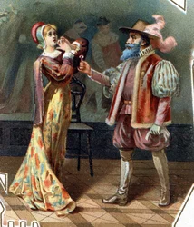 Barba Azul. Conto de Charles Perrault. 1697. Cromolitografia do final do século XIX. Autocolante «A baixo preço». «Barba Azul interroga a mulher, que tentou entrar no gabinete onde as mulheres de Barba Azul foram assassinadas.»