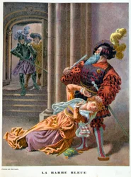 Barba azul (surpreendido por levar uma mulher pelos cabelos). Ilustração do século XIX.