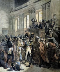 Bonaparte no golpe de estado de 18 brumaire na Câmara do Conselho de Cinco Cêntimos (Cinq Cêntimos) (salle des 500) de Saint Cloud - in "Le Petite Journal", 03/1893