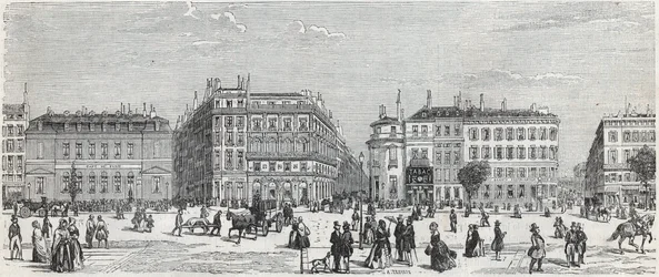 Boulevard des Italians com o café de Paris, a rue Taitbout, a casa doree, a rue Lafitte, o café Riche e a rue Lepelletier - Gravação em "Tableau-de-Paris" de Edmond Texier 1852