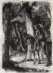 Bradamante apercoit Pinabel (Pinabello) - Gravura de 1851 de "Roland furieux" (Orlando furioso) (século XVI) de Ludovico Ariosto, conhecido como Ariosta - Edição traduzida do italiano pelo Conde de Tressan e publicada por Gustave Harvard 1851