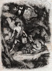 Bradamante terrassee por um gigante - gravura de 1851 de "Furious Roland" (Orlando furioso) (século XVI) de Ludovico Ariosto, conhecido como Ariosta - Edição traduzida do italiano pelo Conde de Tressan e publicada por Gustave Harvard 1851