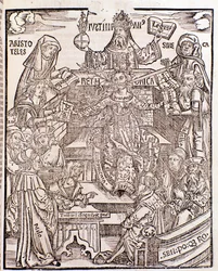 Os ramos do conhecimento representados por Aristóteles (canto superior esquerdo) representam a Filosofia Natural, com Sêneca representando a Filosofia Moral à direita, o Imperador Justiniano (centro superior). A mulher do centro tem uma espada e um ramo fl
