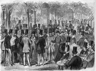 Corretores perto da pequena Bourse du Boulevard des Italians em Paris, França. Gravura no "The Illustrous Universe" (O Universo Ilustre)