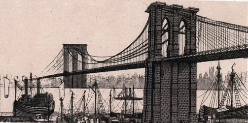 Ponte do Brooklyn em Nova York, EUA em "The World Illustrates 168 Views" Sem data (final do século XIX)