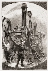 Brunton machine for tunnel cavging in soft rocks - in "The new conquests of science: electricite" de Louis Figuier, sd