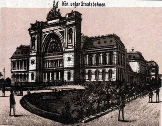 Budapeste, Hungria: vista do magyar kiralyi allavasutsk (estação ferroviária). em "O mundo ilustra 168 vistas" Sem data (final do século XIX)