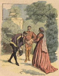 Jeanne, acompanhada por São Lucas, cumprimenta no parque. Ilustração do romance "La Dame de Monsoreau" de Alexandre Dumas, no "Journal des novels populaires illustrés".