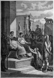 CAPTIVIDADE DE CHAMACUS - Caratacus (Caratacos, Caratacus) em cativeiro com sua família se dirige ao Imperador Romano Cláudio (Cláudio I) (10 AC-54 AD) - Gravura em "L