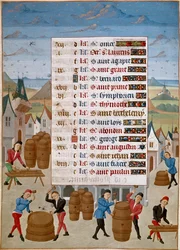 Calendário: Agosto - Fabricação de barricas de vinho - Miniatura do Mestre Jean de Rolin (século XV) de "The Hours of Adelaide of Savoy, Duchess of Burgundy" 1460-1465 Chantilly, Musee Conde